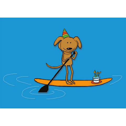 Paddle boarding dog birthday postcard