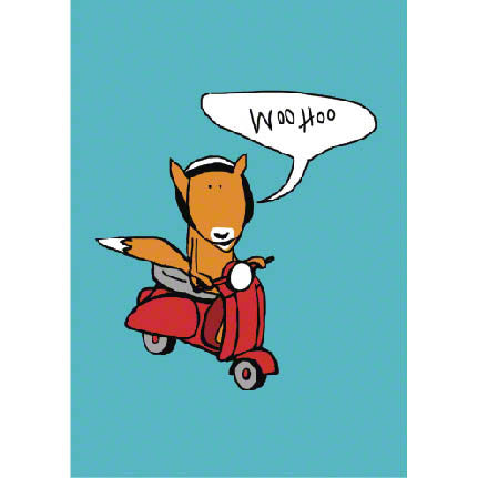 Fox riding a red vespa scooter card