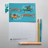 Front and back designs of airplane aces birthday postcard from 72 Bumblebee Lane