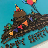 Front detail of 72 Bumblebee Lane beaver birthday postcard