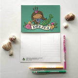 Front and back views of brown haired mermaid dream postcard from 72 Bumblebee Lane