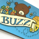Front detail of buzz honey bear postcard from 72 Bumblebee Lane 