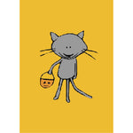Give this trick or treating kitty cat some candy! Halloween greeting card.