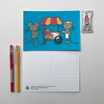 Front and back designs of hot dog cart postcard from 72 Bumblebee Lane