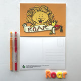 Front and back views of large Lion roar postcard from 72 Bumblebee Lane 