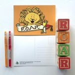 Front and back views of Lion roar postcard from 72 Bumblebee Lane 