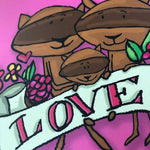 Front detail of sweet raccoon  love family postcard from 72 Bumblebee Lane