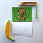 Front and back views of 72 Bumblebee Lane monkey postcard