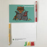 72 Bumblebee Lane raccoon drummer postcard front and back
