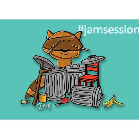 72 Bumblebee Lane raccoon drummer postcard
