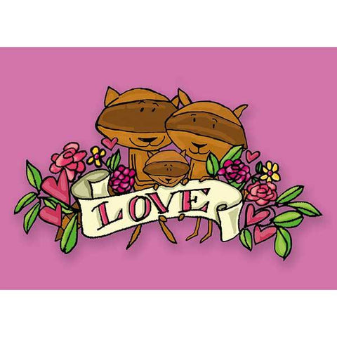 Raccoon family love postcard from 72 Bumblebee Lane