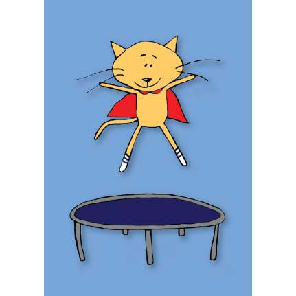 Cat jumping on a trampoline card from 72 bumblebee lane