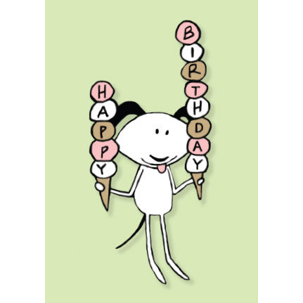 Happy birthday card with a puppy dog bearing ice cream cones from 72 bumblebee lane