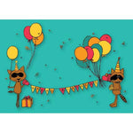 Balloons, pennant, and fast-talking raccoons on a cup phone birthday card 